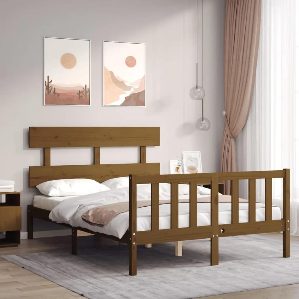 3193244 vidaXL Cadru de pat cu tăblie, dublu mic, maro miere, lemn masiv