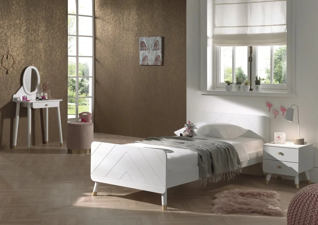Set Pat Single, Noptieră și Masă de Toaletă pentru Copii, 3 Piese, 90x200 cm, Alb Satinat (Pin Masiv și MDF) – Billy – Vipack