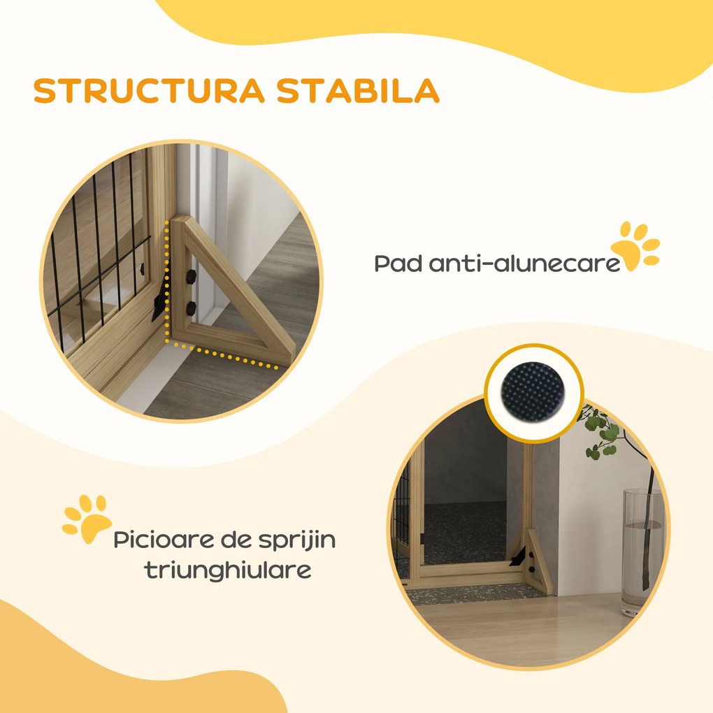 PawHut Gard Extensibil pentru Câini, Gard de Siguranță pentru Animale cu Ușă și 2 Panouri, Picioare Triangulare, 112-159x70 cm, Lemn Natural | Aosom Romania