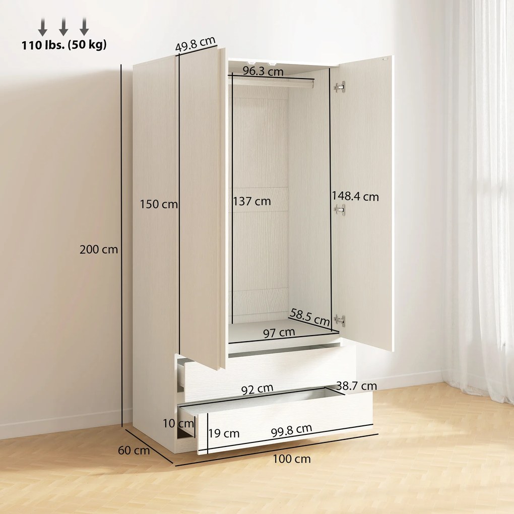 HOMCOM Dulap pentru Haine Alb cu Cuier și 2 Sertare Glisante, Design Modern pentru Dormitor, 100x60x200 cm | Aosom Romania