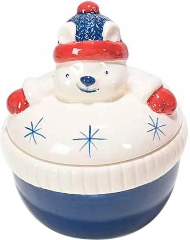 Borcan Craciun ceramic decorativ cu capac model Urs Polar Ø 9 cm x 10 H