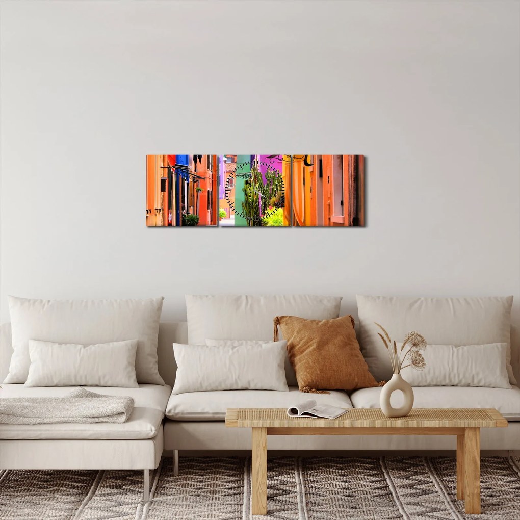Tablou cu străduță colorata italiană (cu ceas) (90x30 cm)