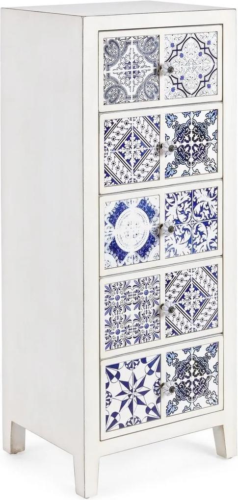 Comoda 5 sertare din lemn alb si ceramica albastra Demetra 43 cm x 33 cm x 108 h