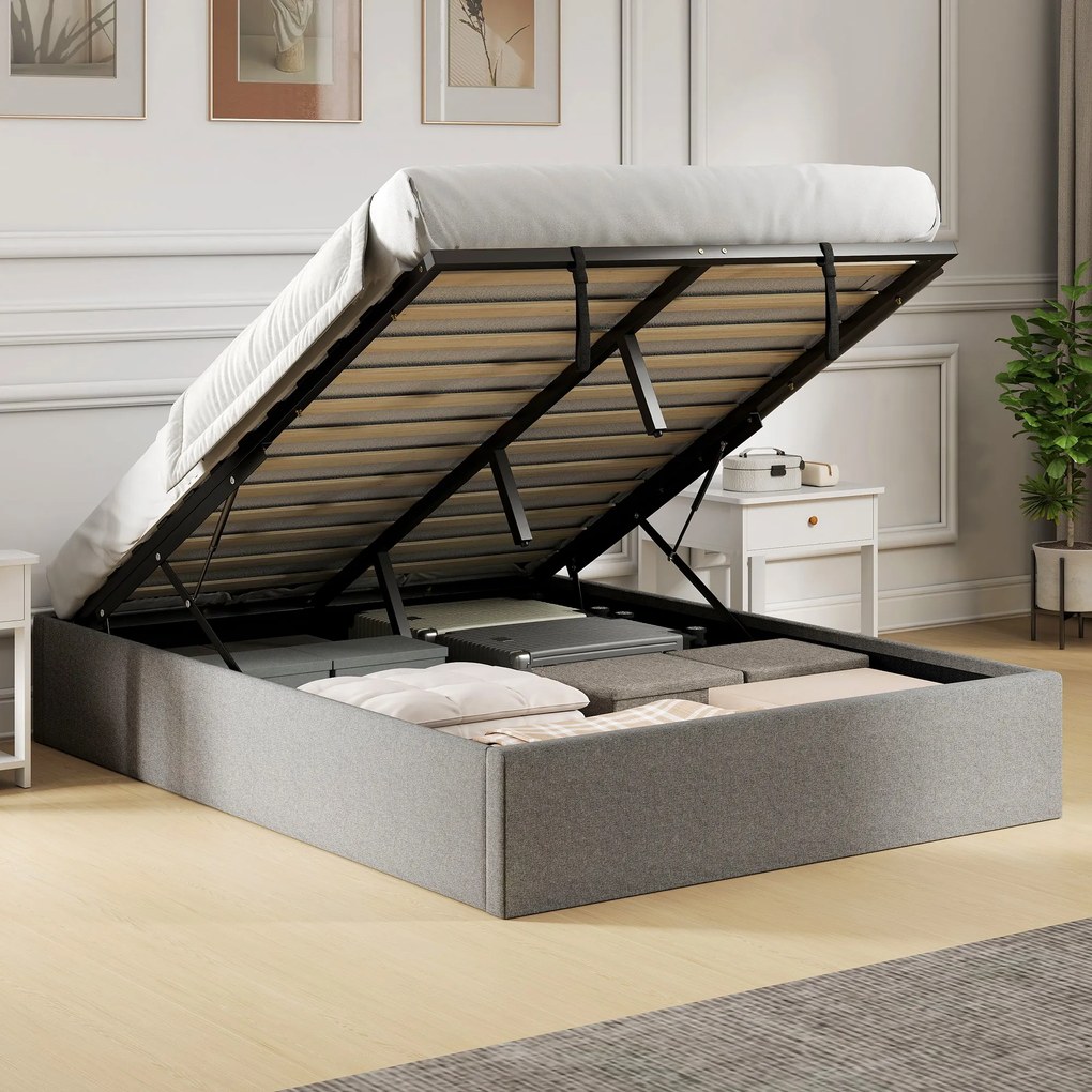 HOMCOM Cadru Pat Matrimonial 140x190 cm, Pat cu Spațiu de Depozitare, Pistoane cu Gaz, Lamele din Lemn, Fără Saltea, Silențios, Ușor de Montat, Înălțime 28 cm, Gri | Aosom Romania