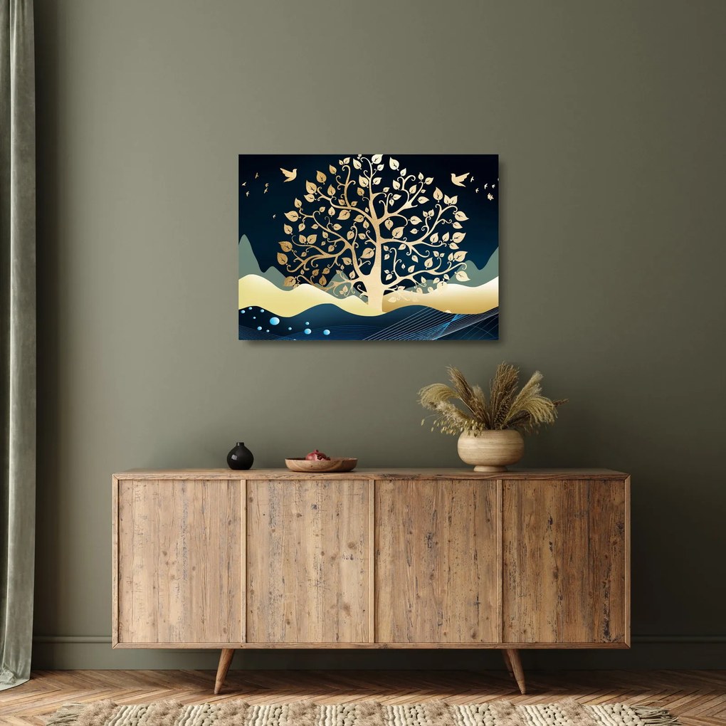 Tablou pe sticlă cu copac auriu (70x50 cm)
