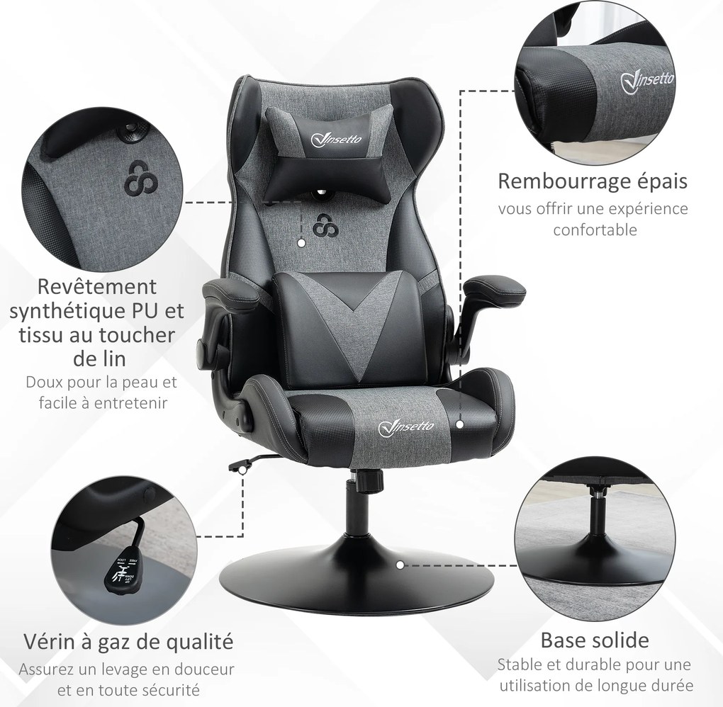 Vinsetto Fotoliu de gaming ergonomic cu bază rotundă înălțime reglabilă, brațe rabatabile, perne pentru cap și lombari PU gri și negru | Aosom Romania