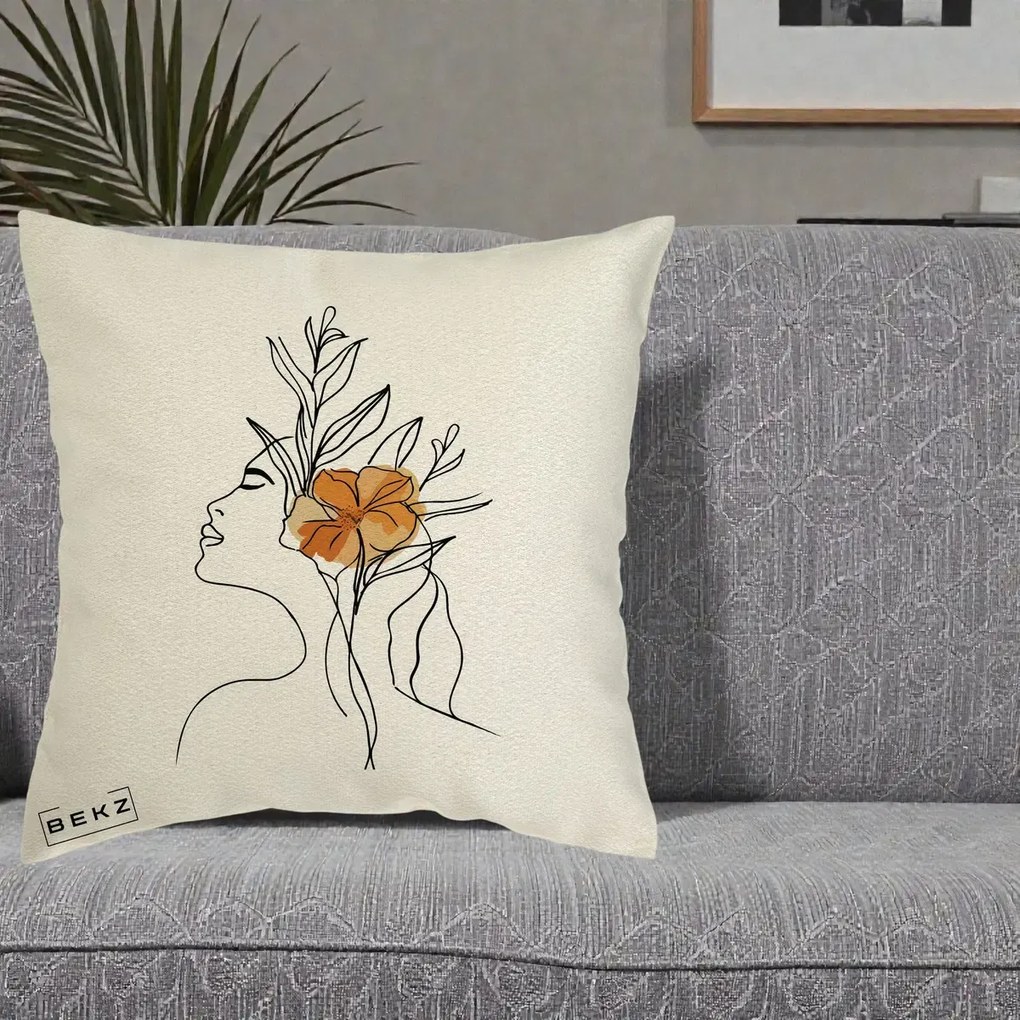 Perna Decorativa Portret Feminin Floare Portocalie Lateral, 40x40 cm, Ecru, Husa Detasabila, Perna Inclusa, BEKZ®