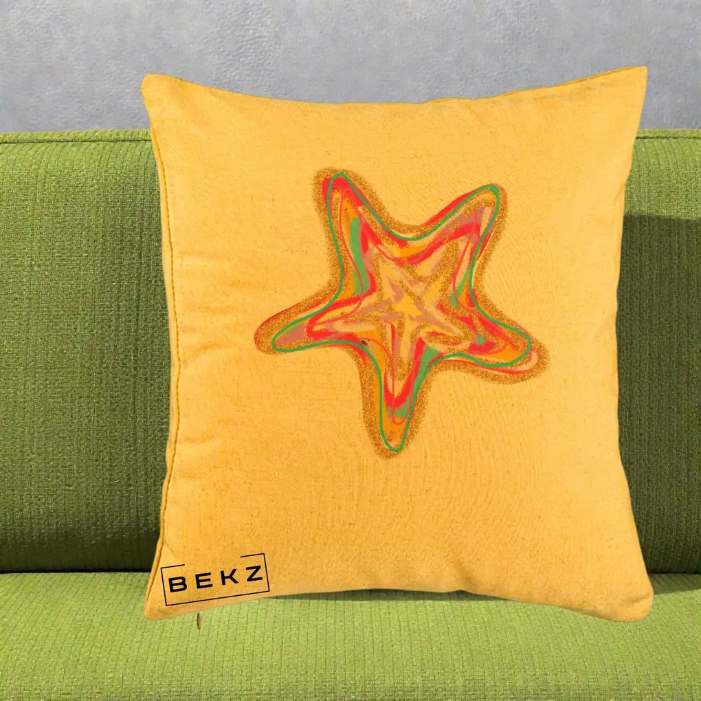 Perna Decorativa Stea de Mare Neon Curcubeu, 40x40 cm, Galben, Husa Detasabila, Perna Inclusa, BEKZ®