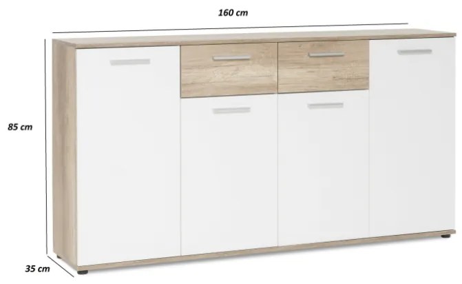 Comoda cu 2 sertare, 4 usi, 160x85x35 cm, stejar sonoma alb, pentru dormitor, living, hol sau birou, Bortis Impex