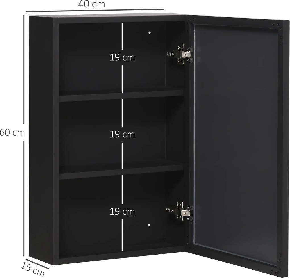 kleankin Dulap cu oglindă, 3 rafturi, balamale moi, carcasă din oțel, negru, 40 x 15 x 60 cm | Aosom Romania