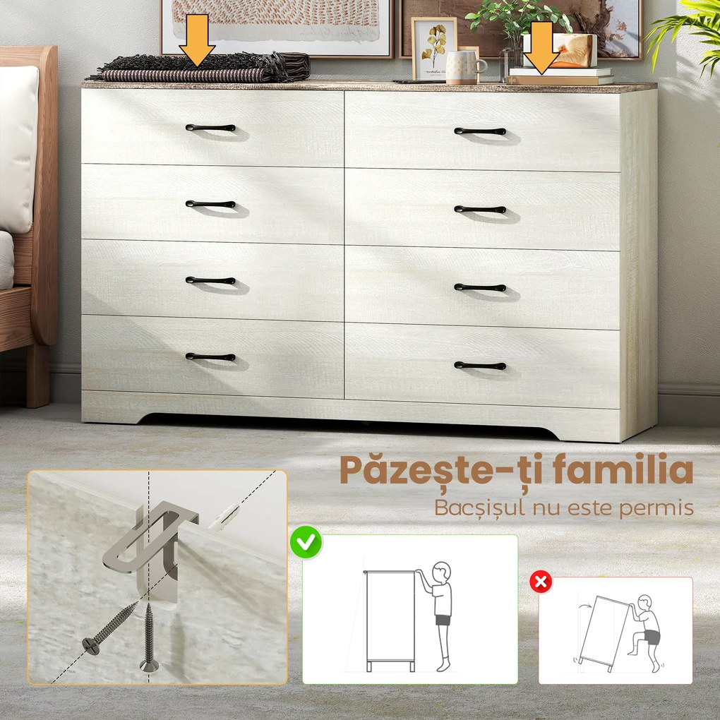 HOMCOM Comodă cu 8 Sertare pentru Dormitor, Modernă, cu Mânere, Spațioasă pentru Sufragerie, Cameră și Hol, 140x40x86 cm, Nuc și Gri Deschis | Aosom Romania