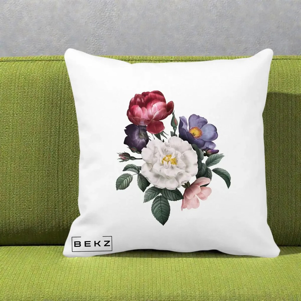 Perna Decorativa Buchet Trandafiri Bujori Botanical, 40x40 cm, Alba Mata, Husa Detasabila, Perna Inclusa, BEKZ®