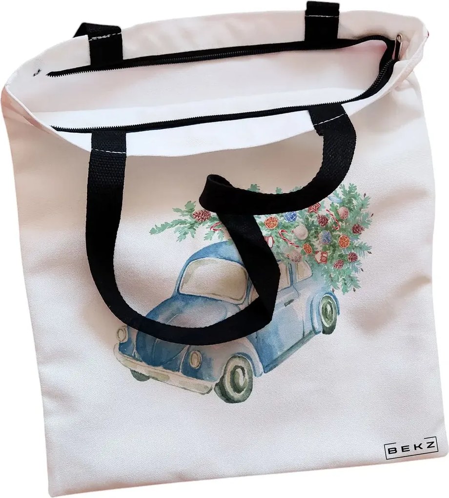Sacosa de Panza pentru Cumparaturi, Geanta Tote, model Watercolor Car, Cu fermoar, 38x34.5 cm, Alba, BEKZ®