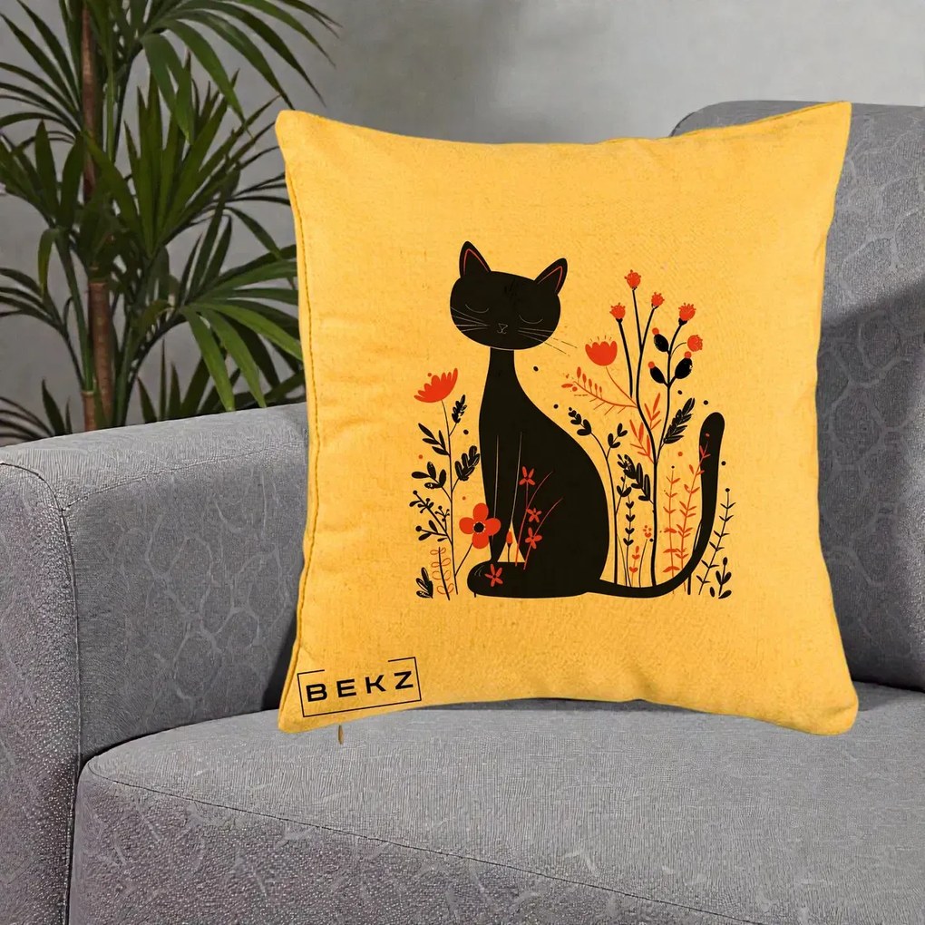Perna decorativa Pisica Neagra Flori Rosii Folk Minimal, 40x40 cm cu Umplutura, Galben, BEKZ