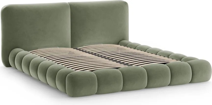 Pat matrimonial verde tapițat cu spațiu de depozitare cu somieră 180x200 cm Solange – Micadoni
