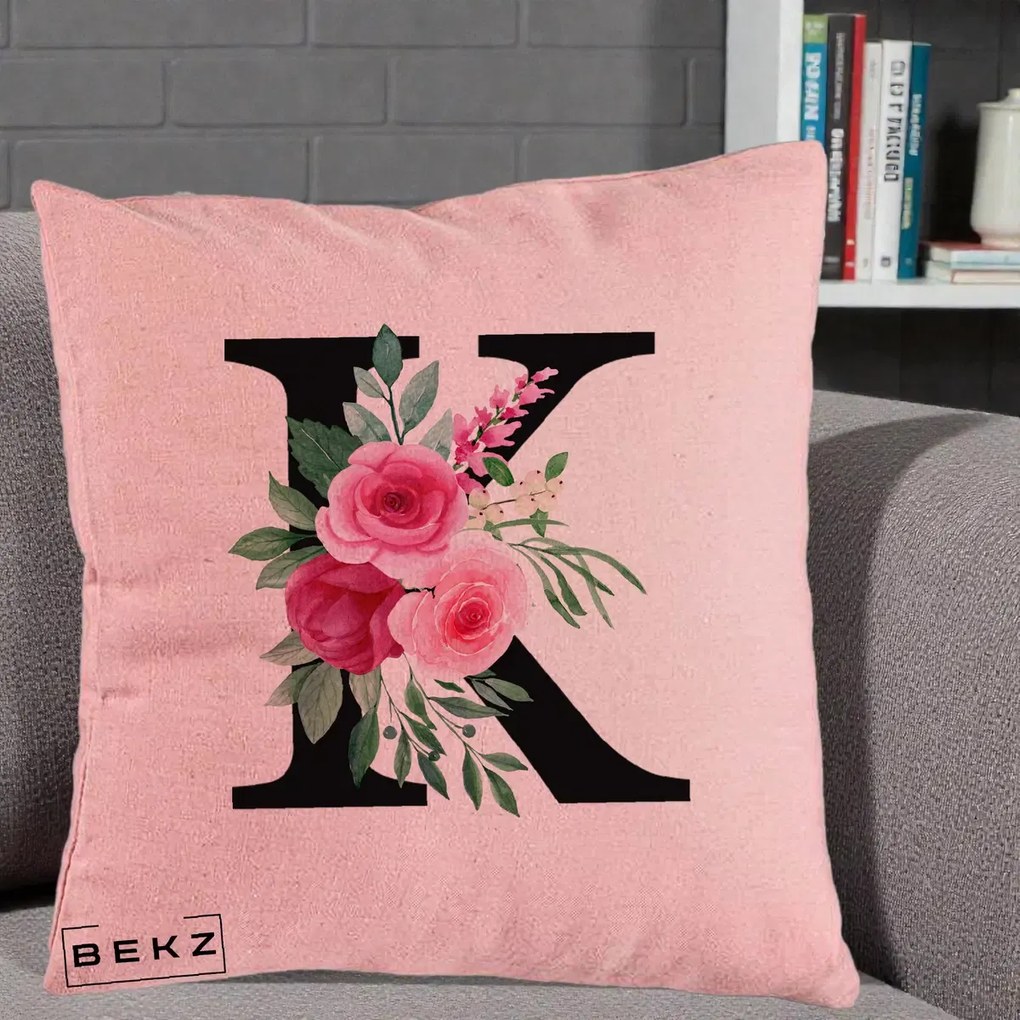 Cadou Personalizat - Perna Personalizata Monograma Florala Litera K, 40x40 cm, Roz, Husa Detasabila, Perna Inclusa, BEKZ®
