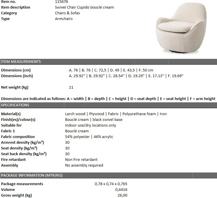 Fotoliu pivotant design elegant Cupido, boucle crem 115676 HZ