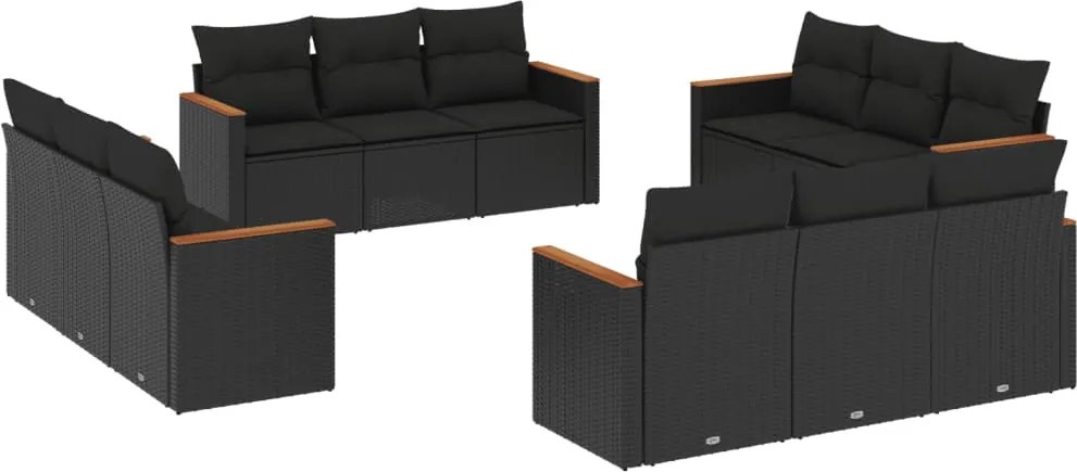 vidaXL Set canapele de grădină, 12 piese, cu perne, negru, poliratan