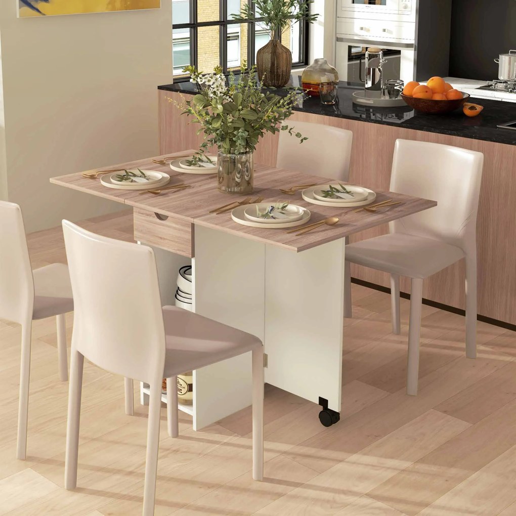 HOMCOM Masă de Dining Pliabilă cu Sertar și Rafturi, Masă Economică cu Extensii pentru Bucătărie, Sufragerie, Living, Stejar | Aosom Romania