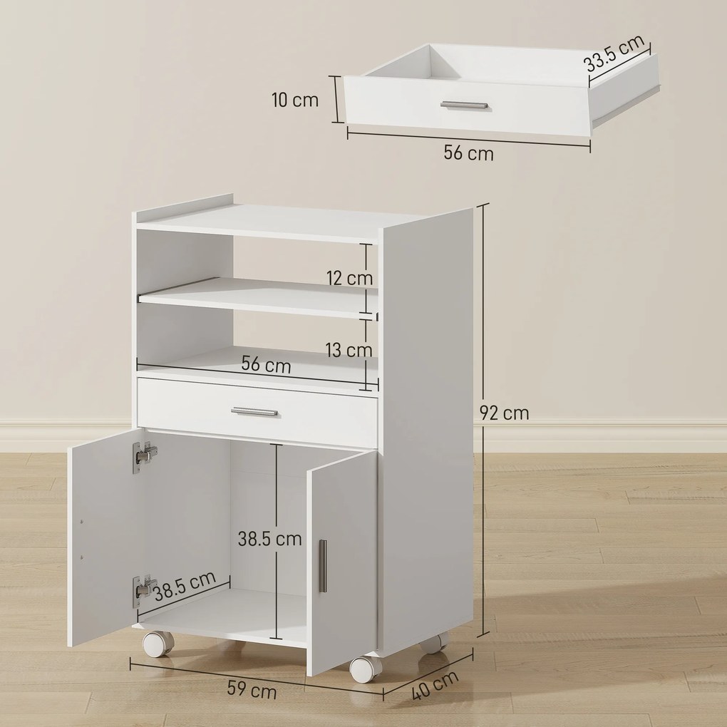 HOMCOM Dulap pentru Cuptorul cu Microunde cu Roți, Bufet de Bucătărie cu Sertar, Blat pentru Electrocasnice, Dulap cu 2 Uși, Raft Glisant și Raft Deschis, Cărucior de Bucătărie pentru Sufragerie, 59x40x92cm, Alb | Aosom Romania