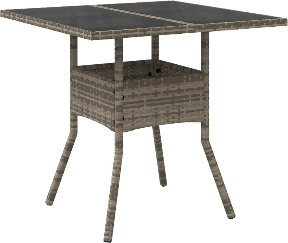 vidaXL Masă de grădină cu blat din sticlă, gri, 80x80x75 cm, poliratan