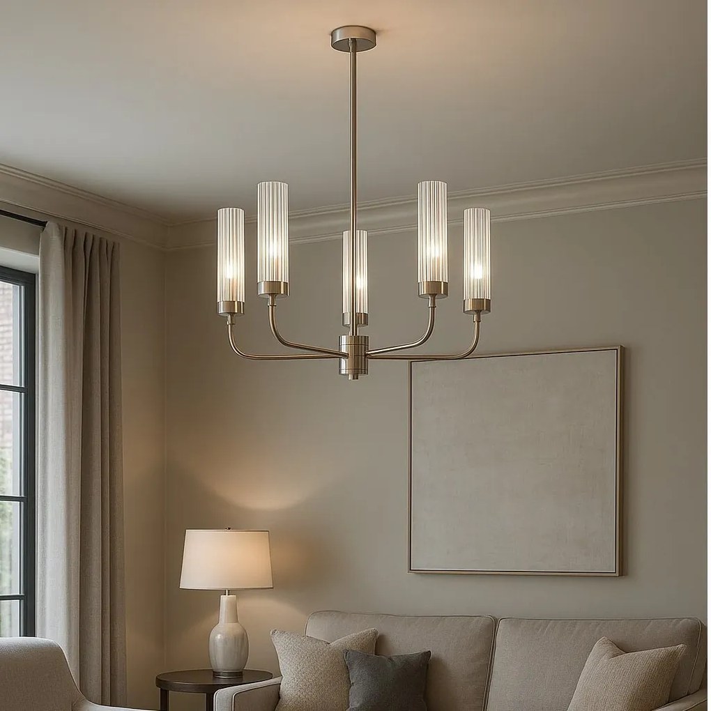 Candelabru 5 brate, otel nickel, sticla canelata PRESTON 2198