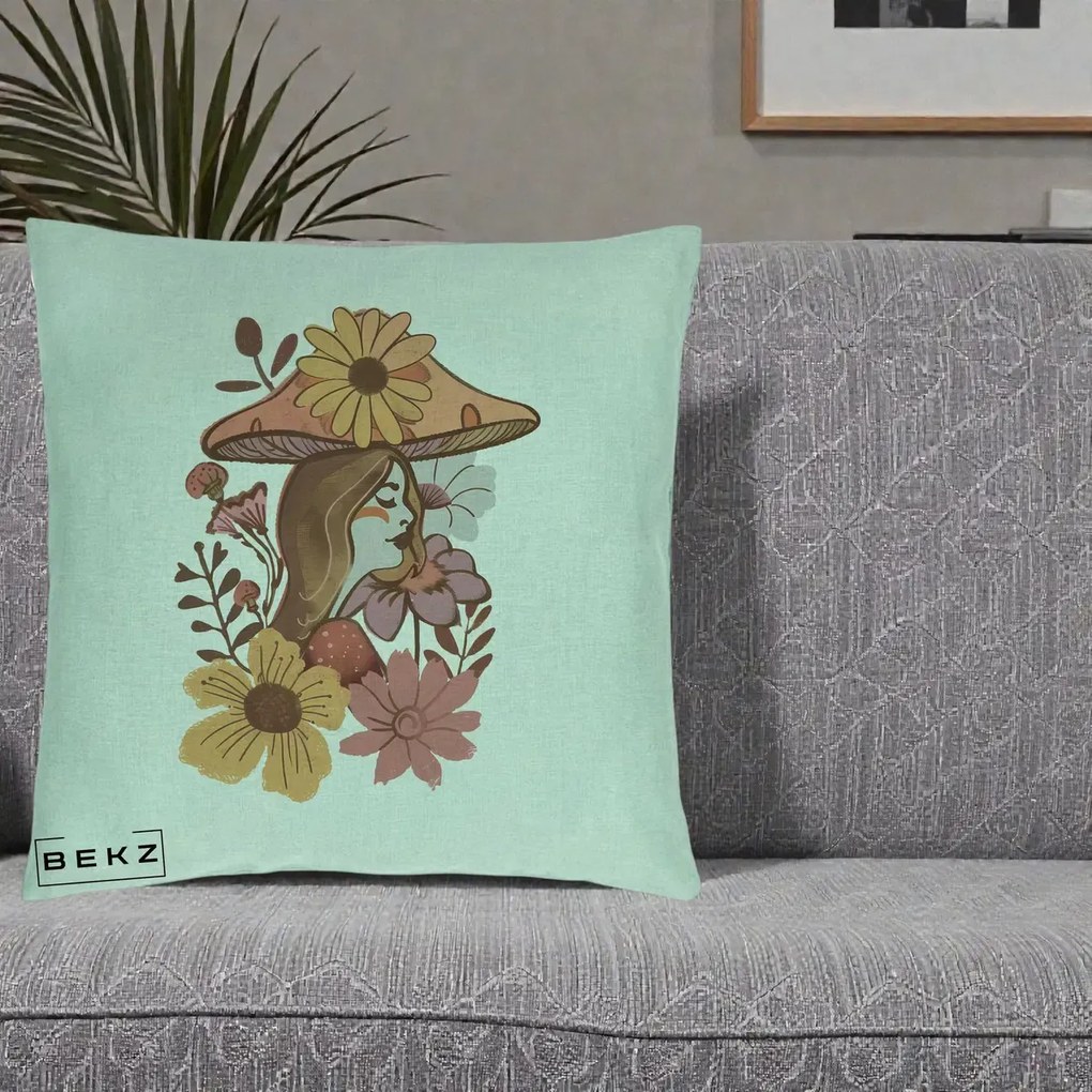 Perna Decorativa Fata Ciuperca Florala Boho, 40x40 cm, Verde Menta, Husa Detasabila, Perna Inclusa, BEKZ®