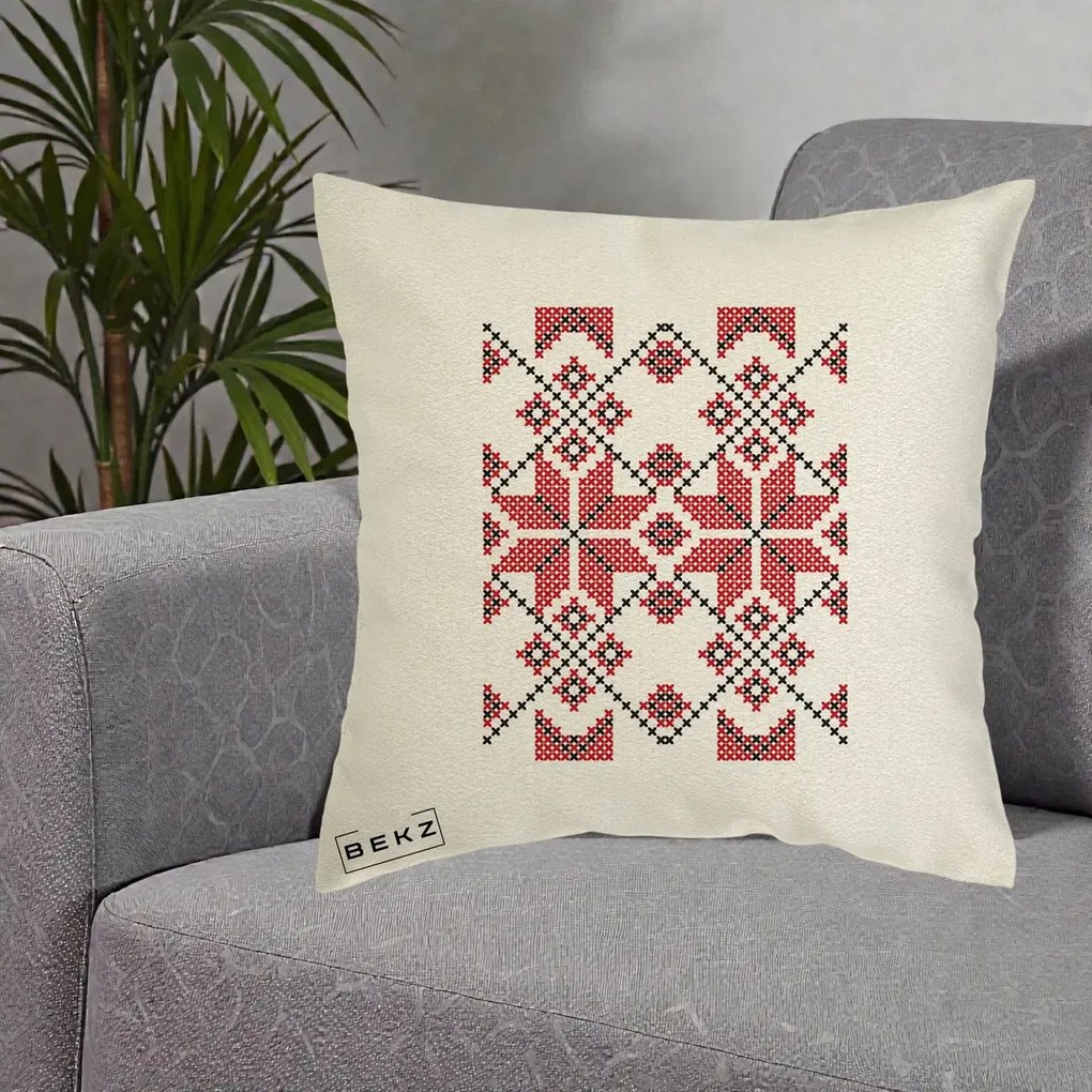 Perna Personalizata Motiv Traditional Cusatura Rosu-Negru, 40x40 cm, Ecru, Husa Detasabila, Perna Inclusa, BEKZ®