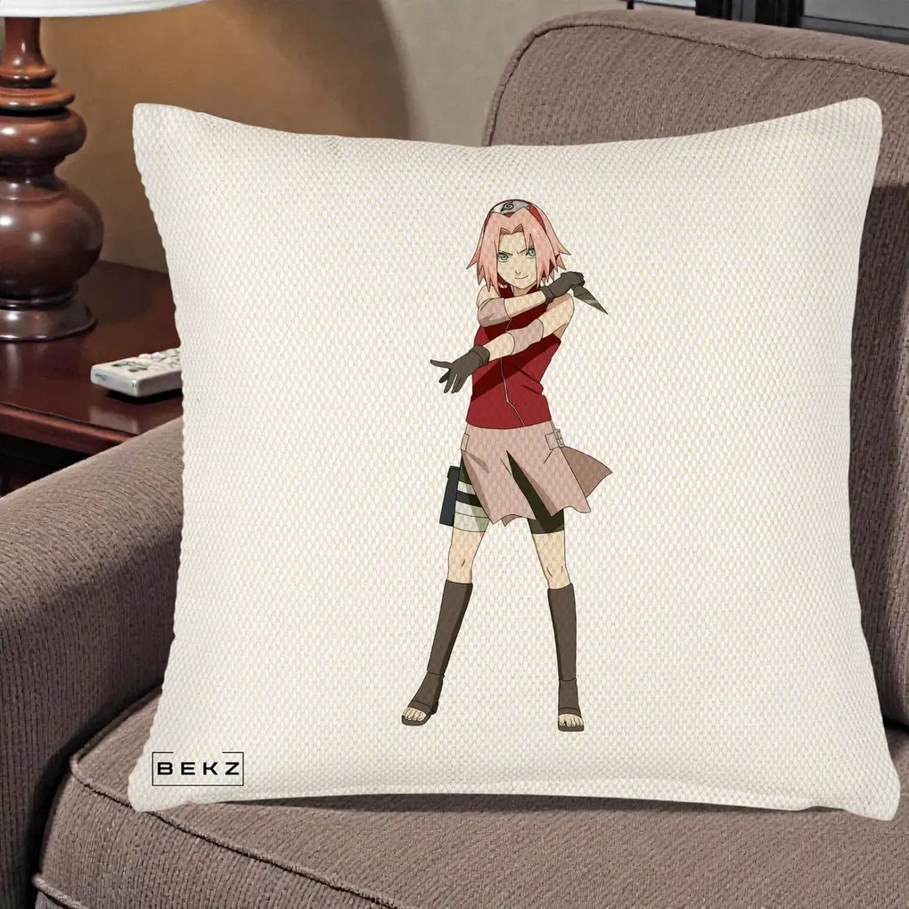 Perna Personalizata Naruto Sakura Haruno Portret, 40x40 cm, Crem Reliefat, Husa Detasabila, Perna Inclusa, BEKZ®