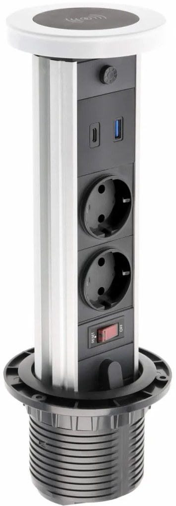 Priza incorporabila turn, 2 prize schuko, USB A+C, incarcare Wireless 10 W, lumina de veghe, cablu 1.5 m, alba, GTV