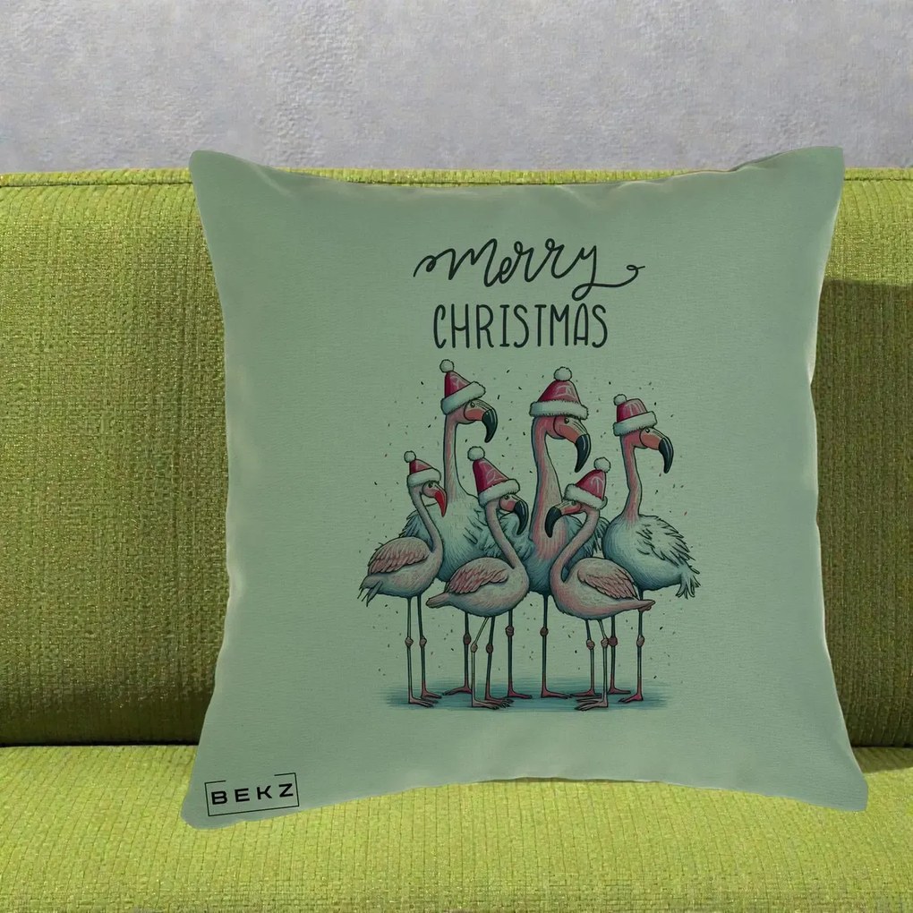 Perna Decorativa Flamingo Merry Christmas, 40x40 cm, Verde, Husa Detasabila, Perna Inclusa, BEKZ®