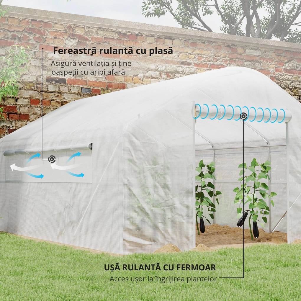 Outsunny Seră de grădină 4 x 3 x 2m cu uși rulabile și ferestre mari, seră tunel de grădină, alb | Aosom Romania