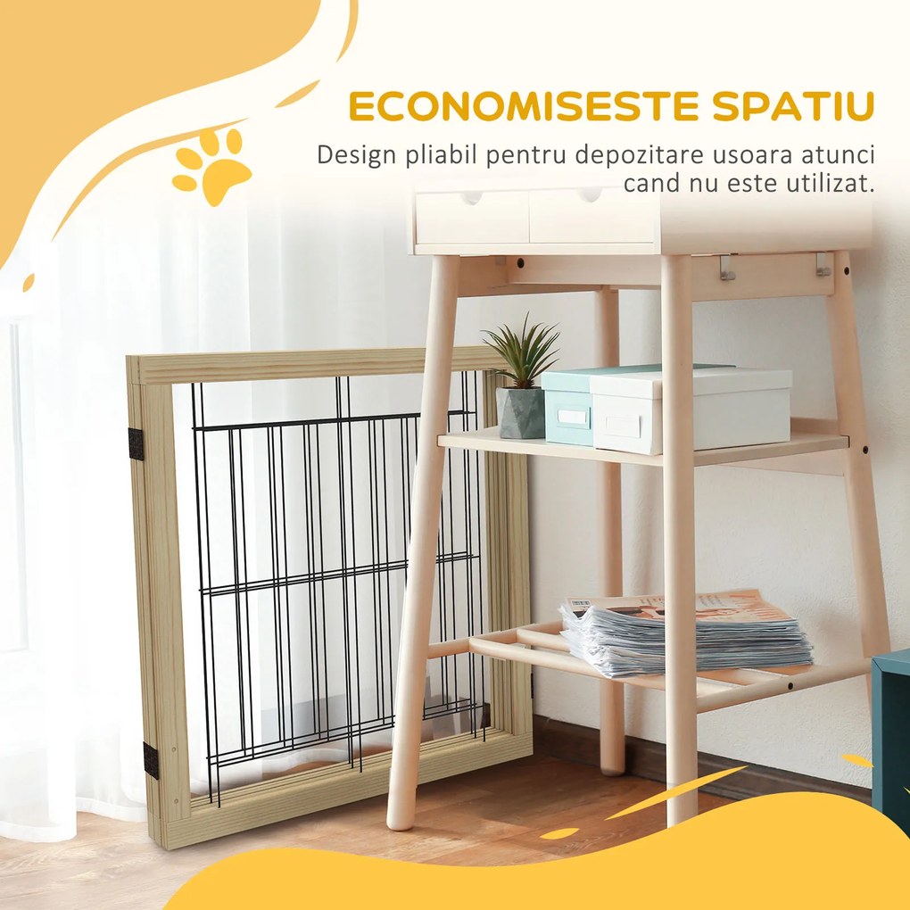 PawHut Gard pliabil pentru câini, gard de siguranță pentru animale de companie și căței cu 3 panouri și suporturi triunghiulare, 210x70 cm, lemn natural | Aosom Romania