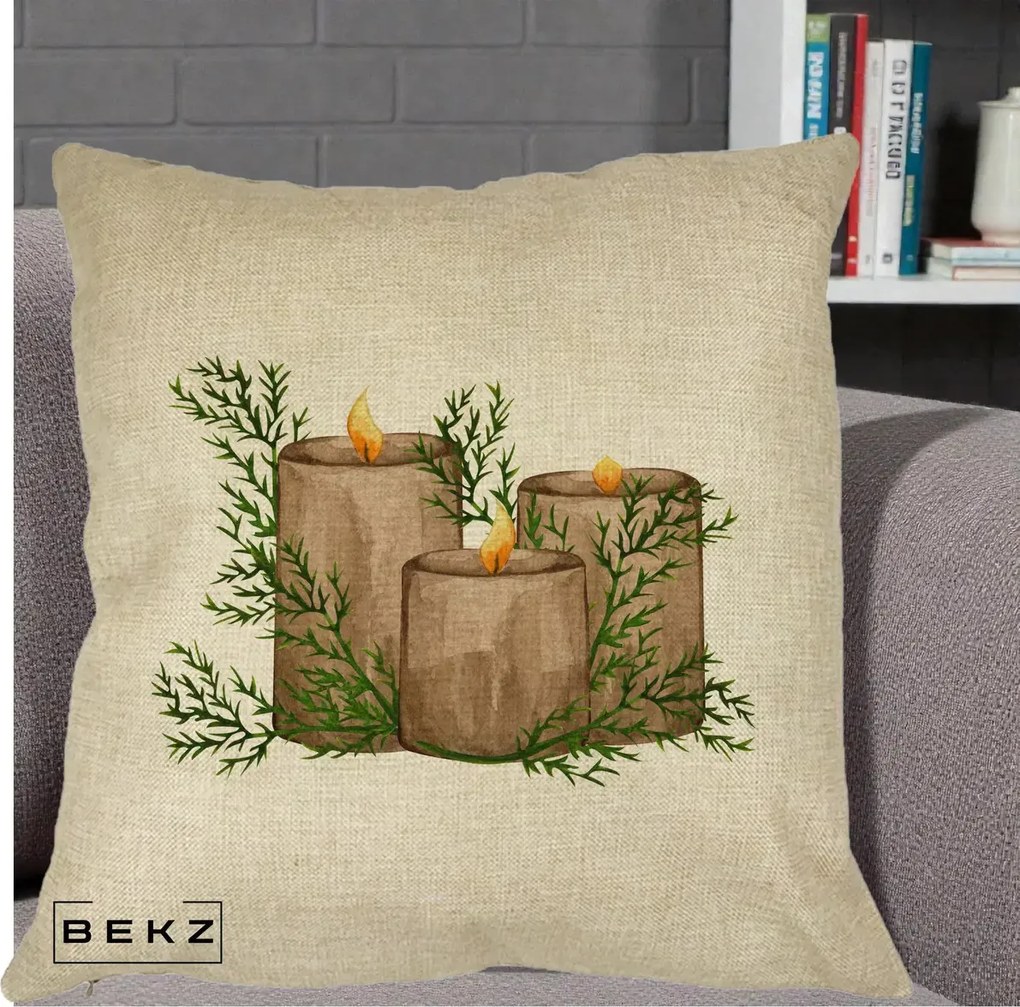 Perna Decorativa Lumanari Rustice cu Crengute Brad, 40x40 cm, Crem, Husa Detasabila, Perna Inclusa, BEKZ®