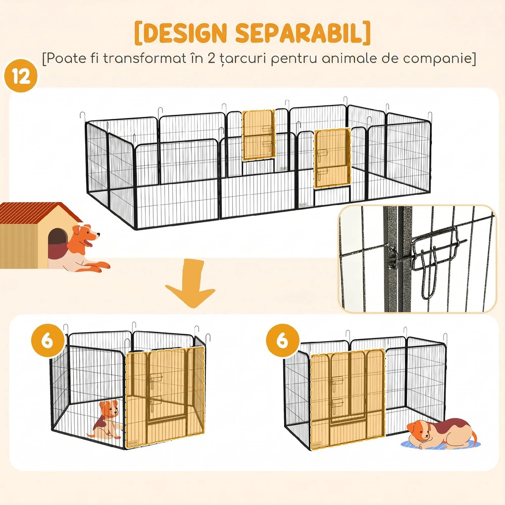 PawHut Gard pentru Câini, Incintă Modulară pentru Câini din 8 Secții pentru Interior și Exterior, 80x100 cm, Negru | Aosom Romania