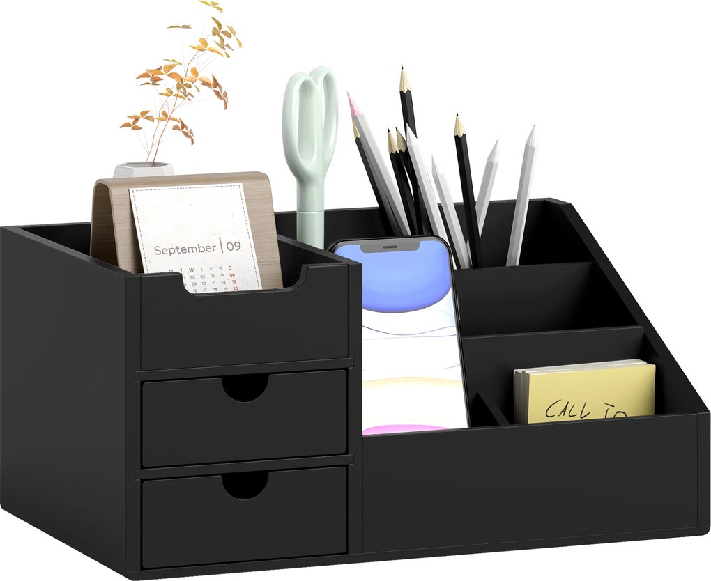 HOMCOM Cutie de Depozitare de Birou - Organizator de Birou - 7 Compartimente, 2 sertare - Bambus Lacuit Negru | Aosom Romania