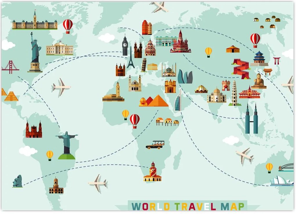 Tablou pe sticlă - Harta cu pictograme, amintire (70x50 cm)