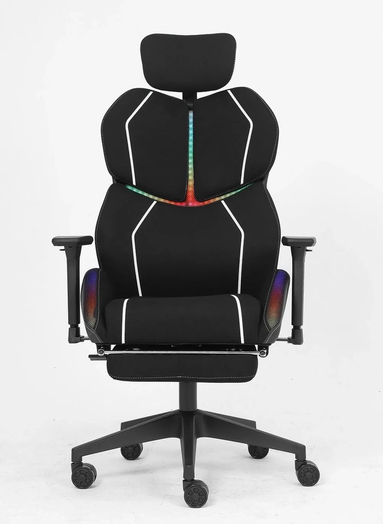 LUMINA X-Motion Pro –Scaun Gaming & Office Premium cu LED RGB, Masaj Lombar, Translație Șezut și Suport pentru Picioare – Confort Inteligent și Design Spectaculos, Textil, Negru/Alb