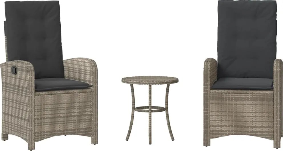 vidaXL Set bistro de grădină cu perne, 3 piese, gri, poliratan