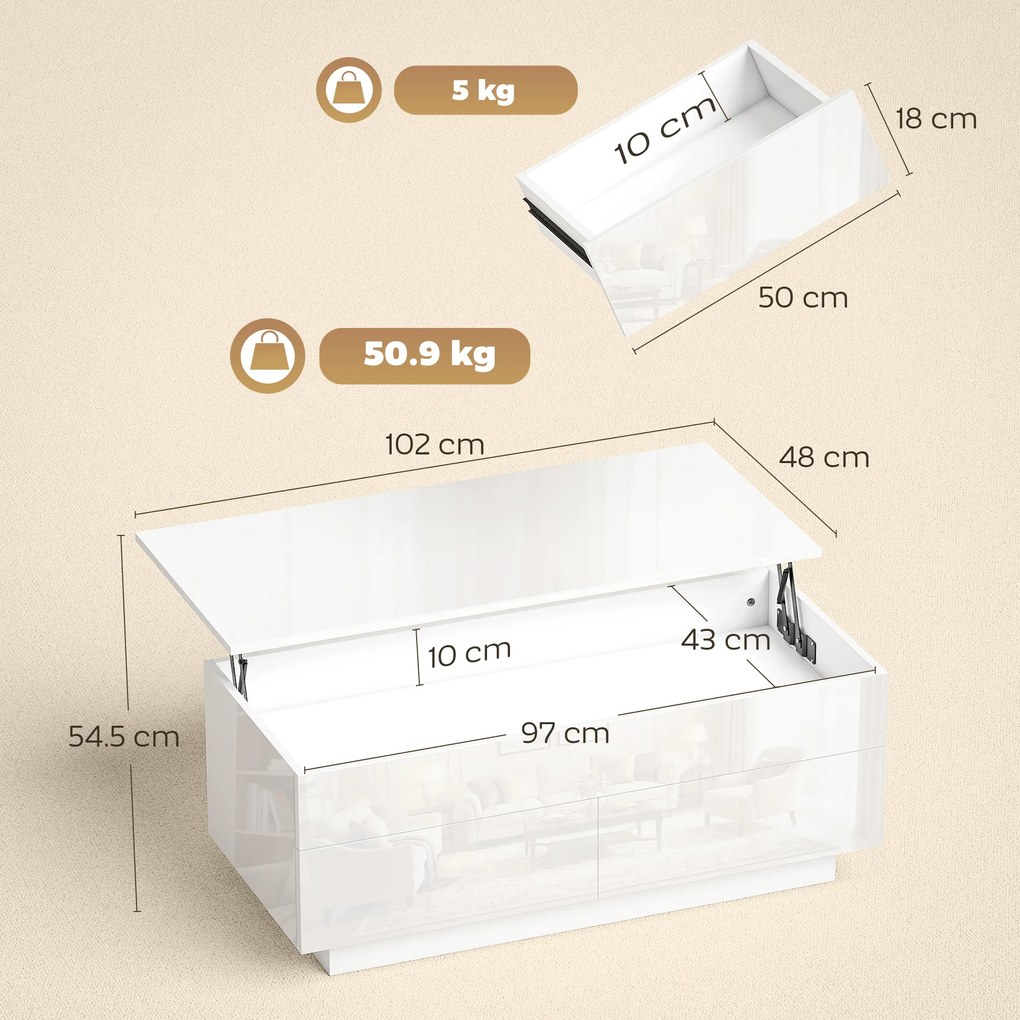 HOMCOM Masă de cafea reglabilă pe înălțime, masă modernă de living cu spațiu ascuns și 2 sertare, Alb lucios | Aosom Romania