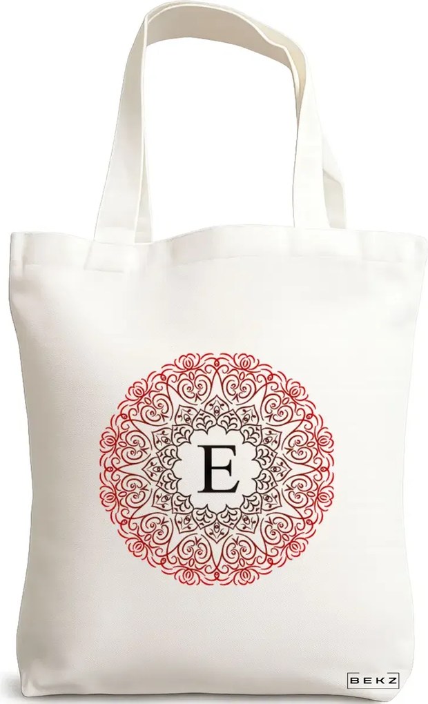 Sacosa de Panza pentru Cumparaturi, Geanta Tote, Cu litera E si Mandala, 38x34.5 cm, Alba, BEKZ®