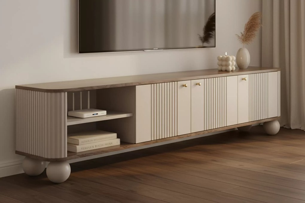Comodă TV Vesper 3D 187 cm - cașmir / nuc / mânere aurii / picioare sferice