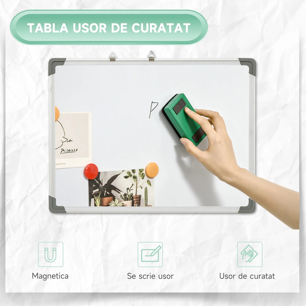 HOMCOM Tablă Magnetică de Perete cu Margini Rotunjite cu Radieră, Markere și Magneți, 60x1.8x45 cm, Albă | Aosom Romania