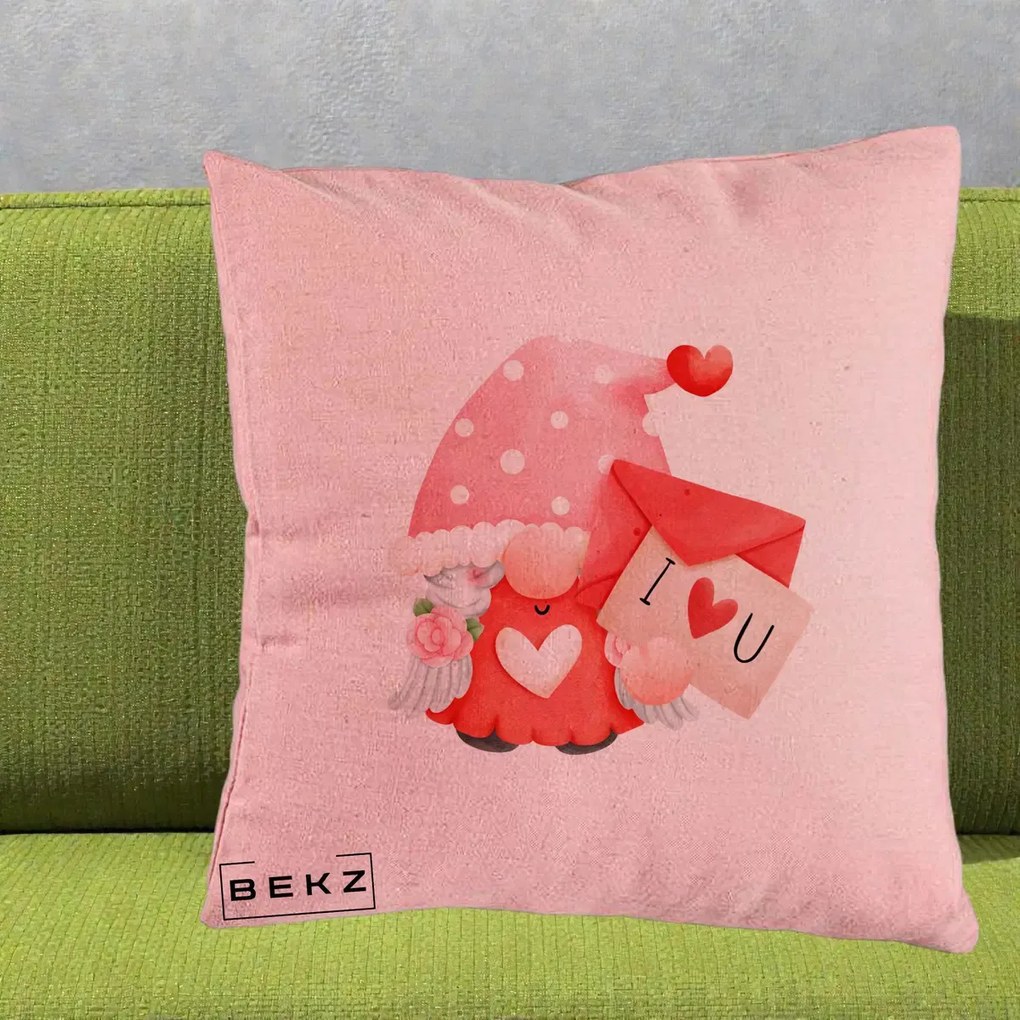 Cadou Romantic - Perna Personalizata I Love You Gnome Valentine cu Scrisoare, 40x40 cm, Roz, Husa Detasabila, Perna Inclusa, BEKZ®