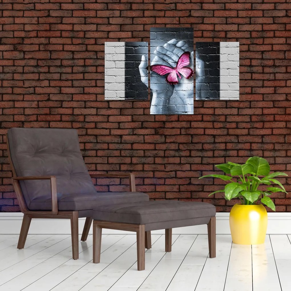 Tablou - Fluture roz în perete (90x60 cm)