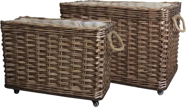 Set 2 coșuri decorative dreptunghiulare lucrate manual din ratan împletit, cu roți, 55x82x48 cm, „Vannerie"