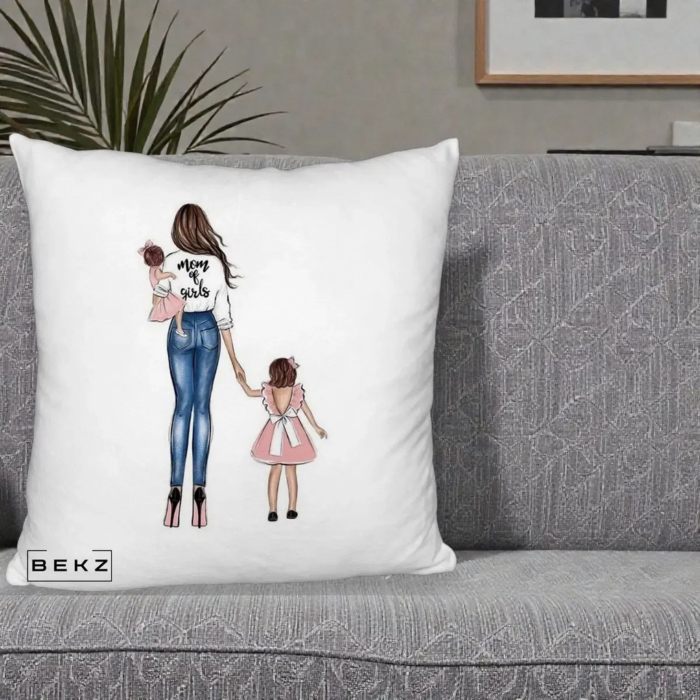 Cadou pentru Mama - Perna Personalizata Mom of Girls Mama cu Fetele, 40x40 cm, Alb Pufos, Husa Detasabila, Perna Inclusa, BEKZ®