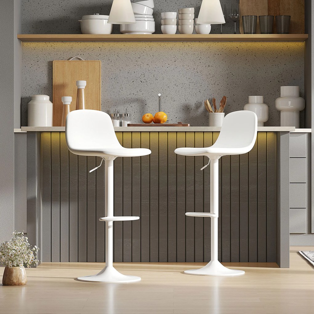 HOMCOM Set 2 Taburete Înalte Ajustabile 360° cu Spătar și Suport de Picior pentru Bucătărie Bar sau Sufragerie 40,5x44x84-104 cm Alb | Aosom Romania