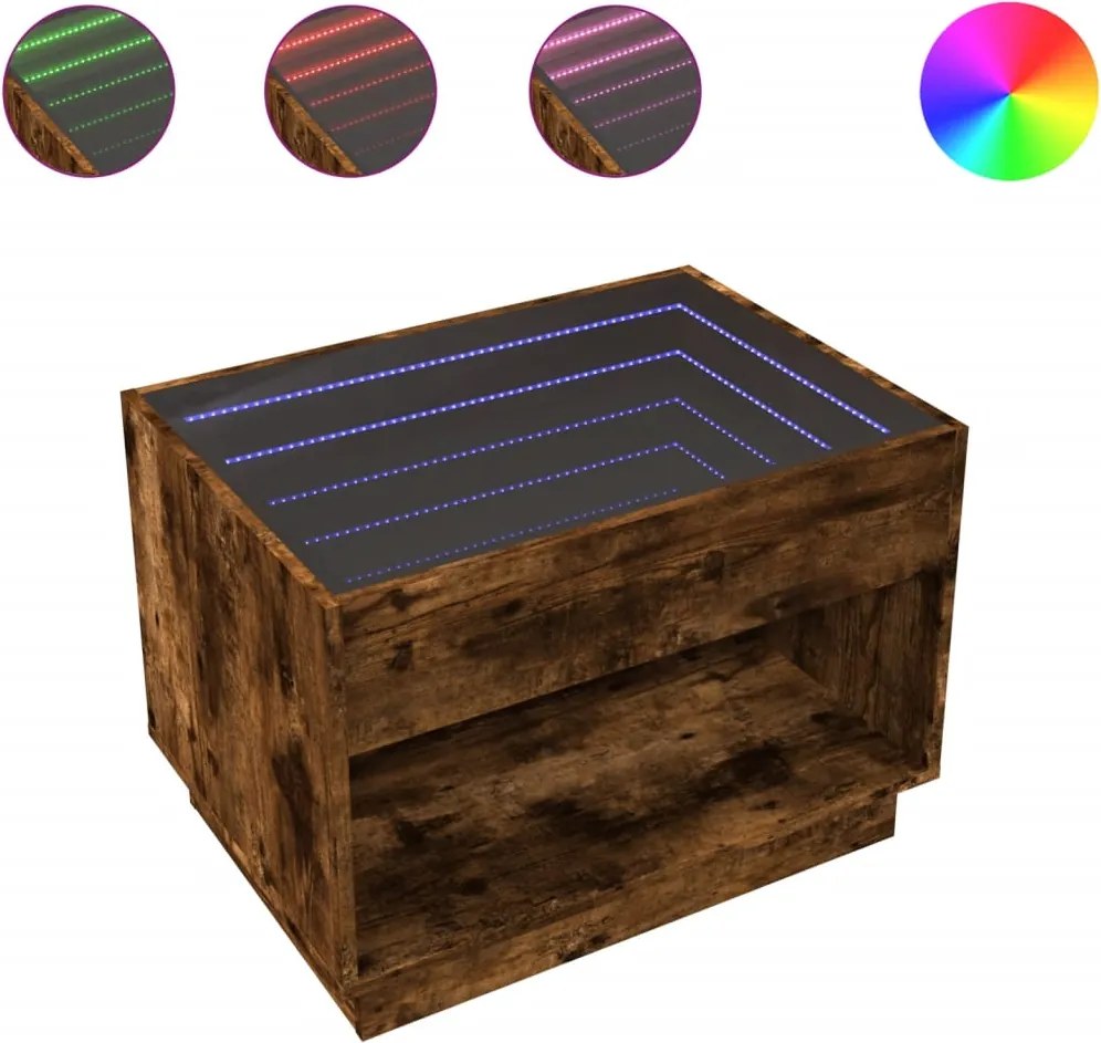 vidaXL Măsuță de cafea cu LED infinity, stejar fumuriu, 70x50x50 cm