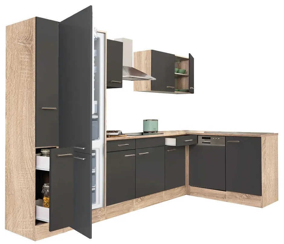 Mobilă de bucătărie de colț Yorki 310, corp din stejar sonoma, față antracit satinat, cu frigider sub blat